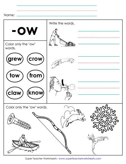 Long-O Sound (as in Grow) - Worksheet 2 (-ow Words) (Printable PDF Worksheet)