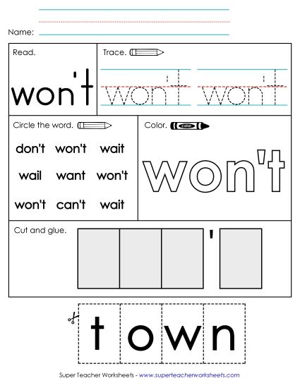 Worksheet 2: Won't (Printable PDF Worksheet)