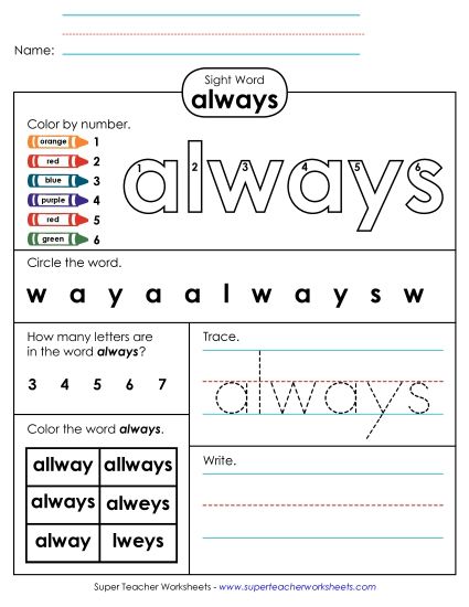 Worksheet 4: Always (Printable PDF Worksheet)
