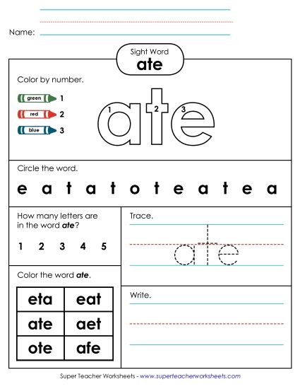 Worksheet 4: Ate (Printable PDF Worksheet)