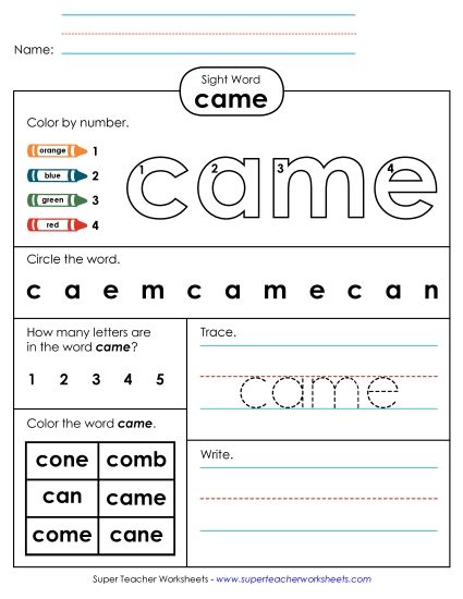Worksheet 4: Came (Printable PDF Worksheet)