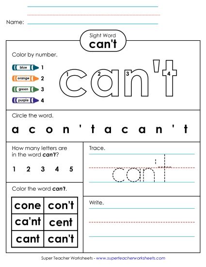 Worksheet 4: Can't (Printable PDF Worksheet)
