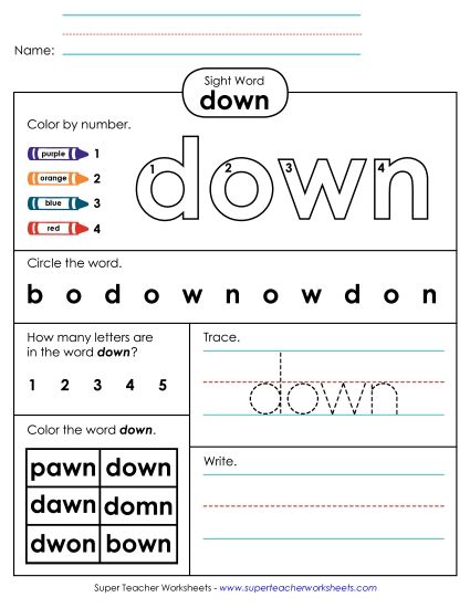 Worksheet 4: Down (Printable PDF Worksheet)