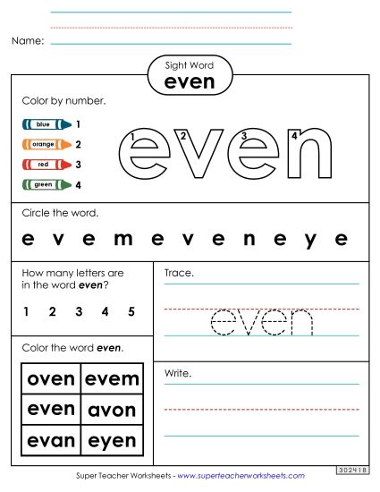 Worksheet 4: Even (Printable PDF Worksheet)