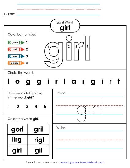 Worksheet 4: Girl (Printable PDF Worksheet)