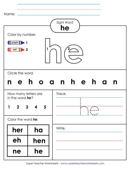 Worksheet 4: He (Printable PDF Worksheet)