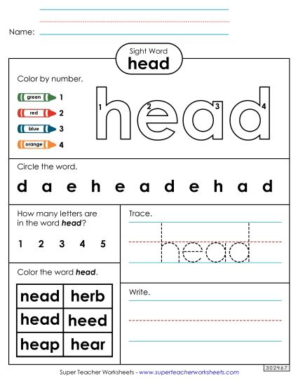 Worksheet 4: Head (Printable PDF Worksheet)
