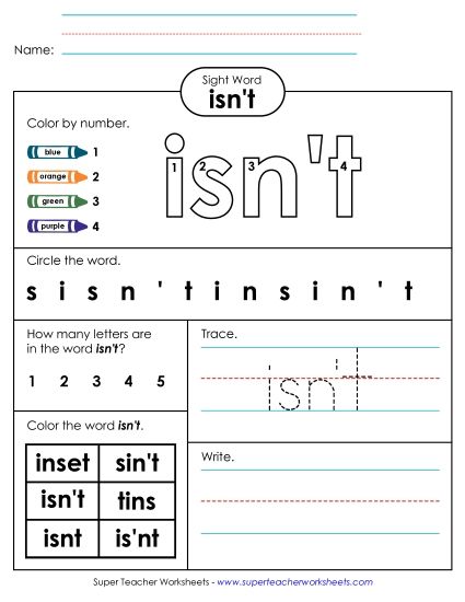 Worksheet 4: Isn't (Printable PDF Worksheet)