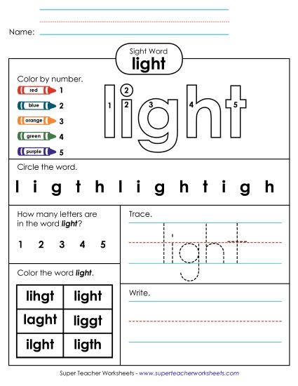 Worksheet 4: Light (Printable PDF Worksheet)