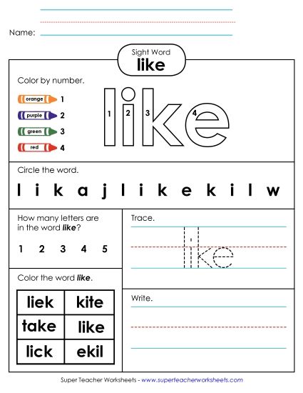 Worksheet 4: Like (Printable PDF Worksheet)