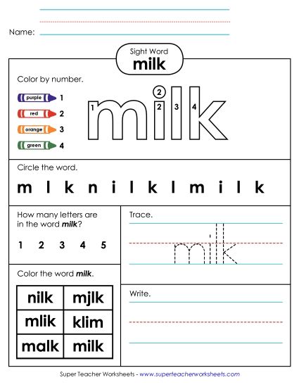 Worksheet 4: Milk (Printable PDF Worksheet)