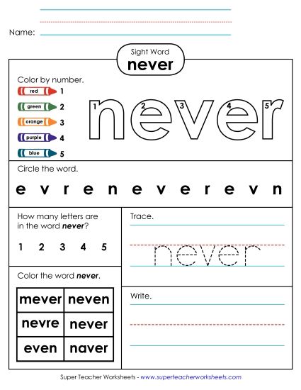 Worksheet 4: Never (Printable PDF Worksheet)