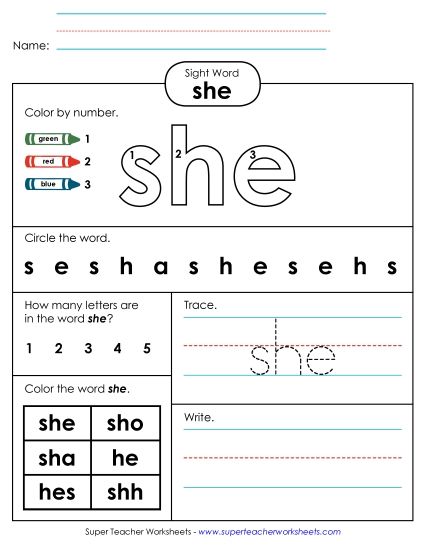 Worksheet 4: She (Printable PDF Worksheet)