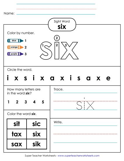 Worksheet 4: Six (Printable PDF Worksheet)