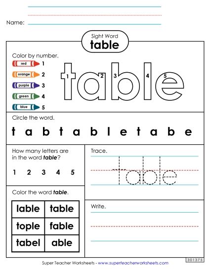 Worksheet 4: Table (Printable PDF Worksheet)