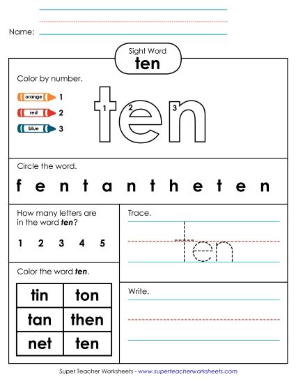 Worksheet 4: Ten (Printable PDF Worksheet)