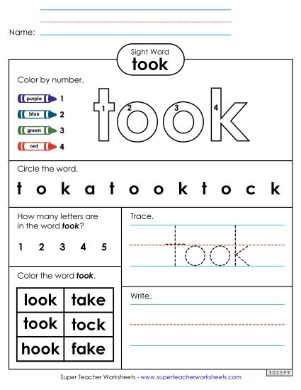 Worksheet 4: Took (Printable PDF Worksheet)