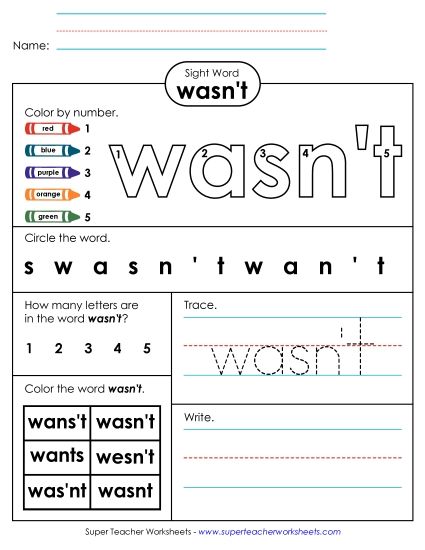 Worksheet 4: Wasn't (Printable PDF Worksheet)