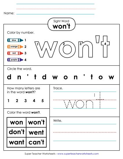 Worksheet 4: Won't (Printable PDF Worksheet)
