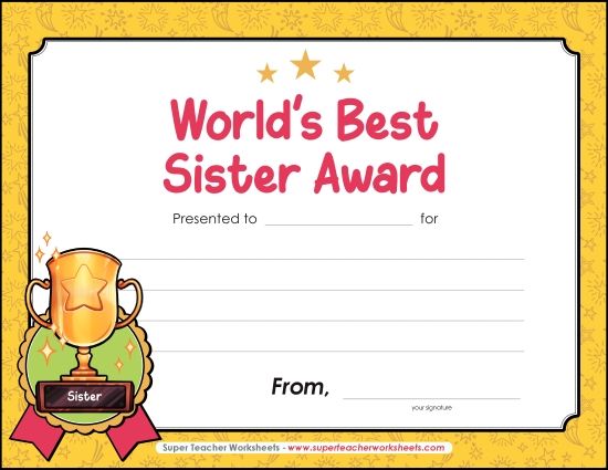 Kids Create Their Own Awards - World's Best Sister Award (Printable PDF Worksheet)