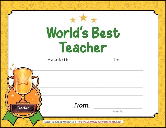 Kids Create Their Own Awards - World's Best Teacher Award (Printable PDF Worksheet)