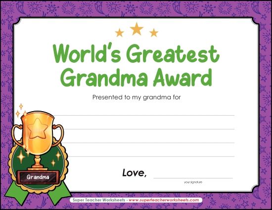 Make Gifts for Grandmas - World's Greatest Grandmother Award (Printable PDF Worksheet)