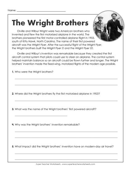 Biography - Wright Brothers (Printable PDF Worksheet)