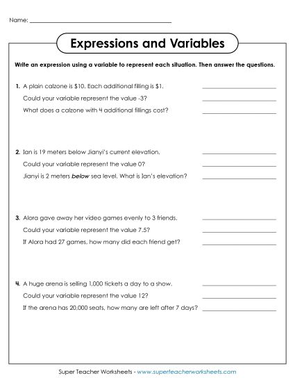 Level: Basic (1-Step; No Parenthesis) - Write and Evaluate Expressions (Printable PDF Worksheet)
