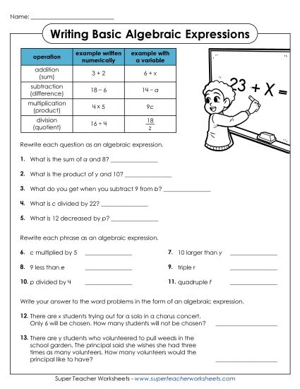 Level: Basic (1-Step; No Parenthesis) - Write Basic Algebraic Expressions (Printable PDF Worksheet)