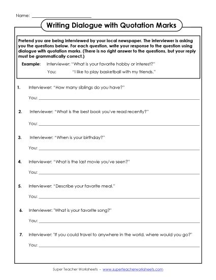 Quotation Marks for Dialogue - Write Dialogue with Quotation Marks (Printable PDF Worksheet)