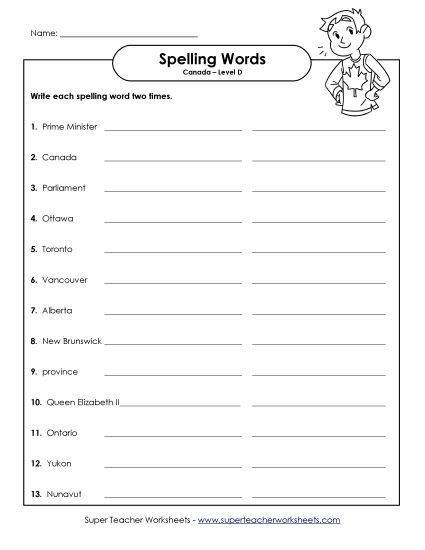 Worksheets and Activities - Write It Twice (D-Canada Words)  (Printable PDF Worksheet)