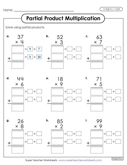 2-Digit by 1-Digit - Write Out the Factors (Partial Products: 2-Digit by 1-Digit) (Printable PDF Worksheet)