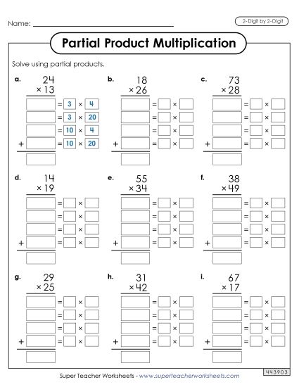 2-Digit by 2-Digit - Write Out the Factors (Partial Products: 2-Digit by 2-Digit) (Printable PDF Worksheet)