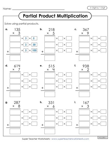 3-Digit by 1-Digit - Write Out the Factors (Partial Products: 3-Digit by 1-Digit) (Printable PDF Worksheet)