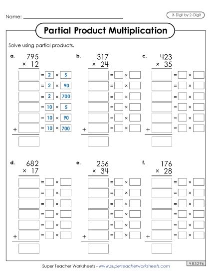 3-Digit by 2-Digit - Write Out the Factors (Partial Products: 3-Digit by 2-Digit) (Printable PDF Worksheet)