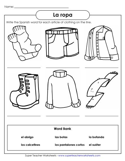 Clothing (Las ropas) - Write the Word: Clothing 2 (Printable PDF Worksheet)