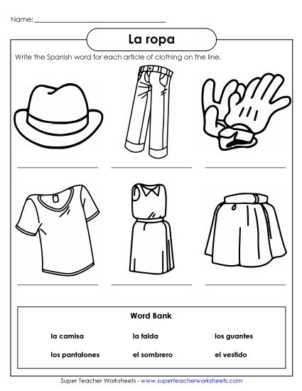 Clothing (Las ropas) - Write the Word: Clothing (Printable PDF Worksheet)