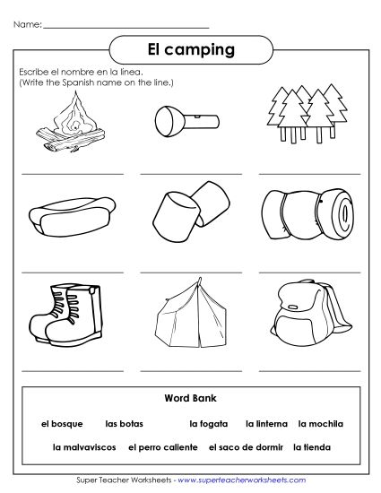 Camping (El camping) - Write the Words: Camping (Printable PDF Worksheet)