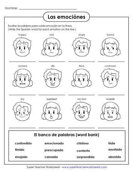 Feelings/Emotions (Sentimientos/Emociones) - Write the Words: Feelings/Emotions (Printable PDF Worksheet)