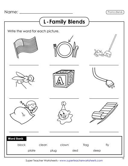 Worksheets - Write the Words: L-Blends (Printable PDF Worksheet)