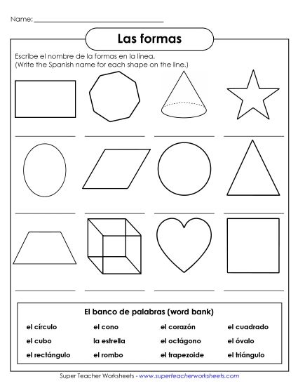 Shapes (La formas) - Write the Words: Shapes (Printable PDF Worksheet)