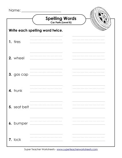Worksheets and Activities - Write Twice (B-Car Parts)  (Printable PDF Worksheet)