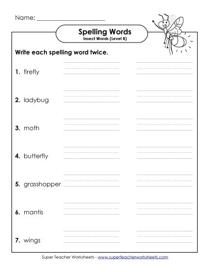 Worksheets and Activities - Write Twice (B-Insect Words)  (Printable PDF Worksheet)