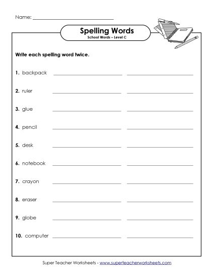 Worksheets and Activities  - Write Twice (C-School Words)  (Printable PDF Worksheet)
