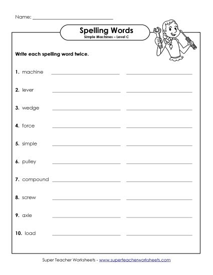 Worksheets and Activities - Write Twice (C-Simple Machines Words)  (Printable PDF Worksheet)