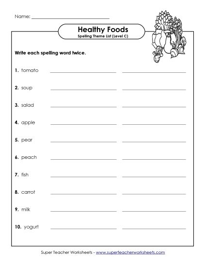 Worksheets and Activities - Write Two Times (C-Healthy Foods)  (Printable PDF Worksheet)