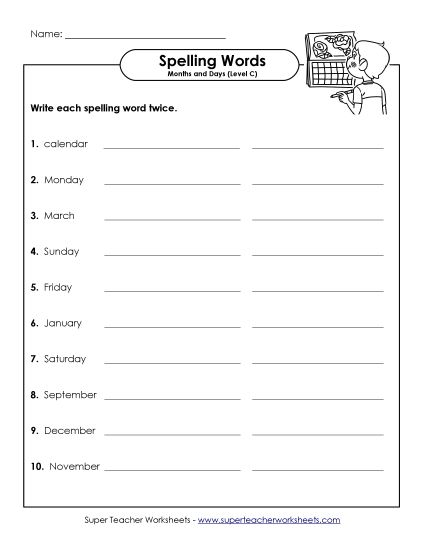 Worksheets and Activities - Write Two Times (C-Months and Days)  (Printable PDF Worksheet)