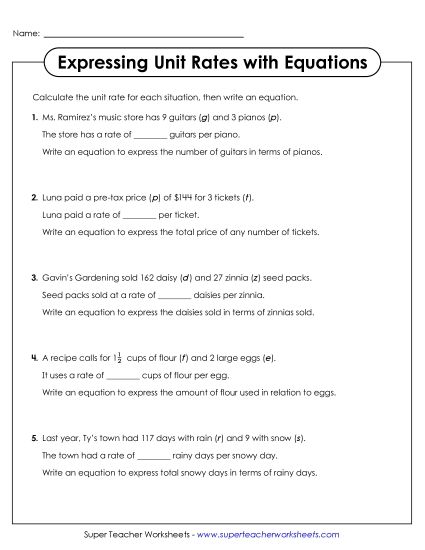Unit Rates as Equations - Write Unit Rate Equations (Printable PDF Worksheet)