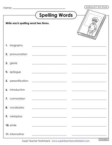Worksheets and Puzzles - Write Words Twice (ELA) (Printable PDF Worksheet)