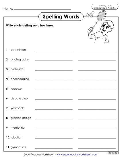 Worksheets and Puzzles - Write Words Twice (Extracurriculars) (Printable PDF Worksheet)